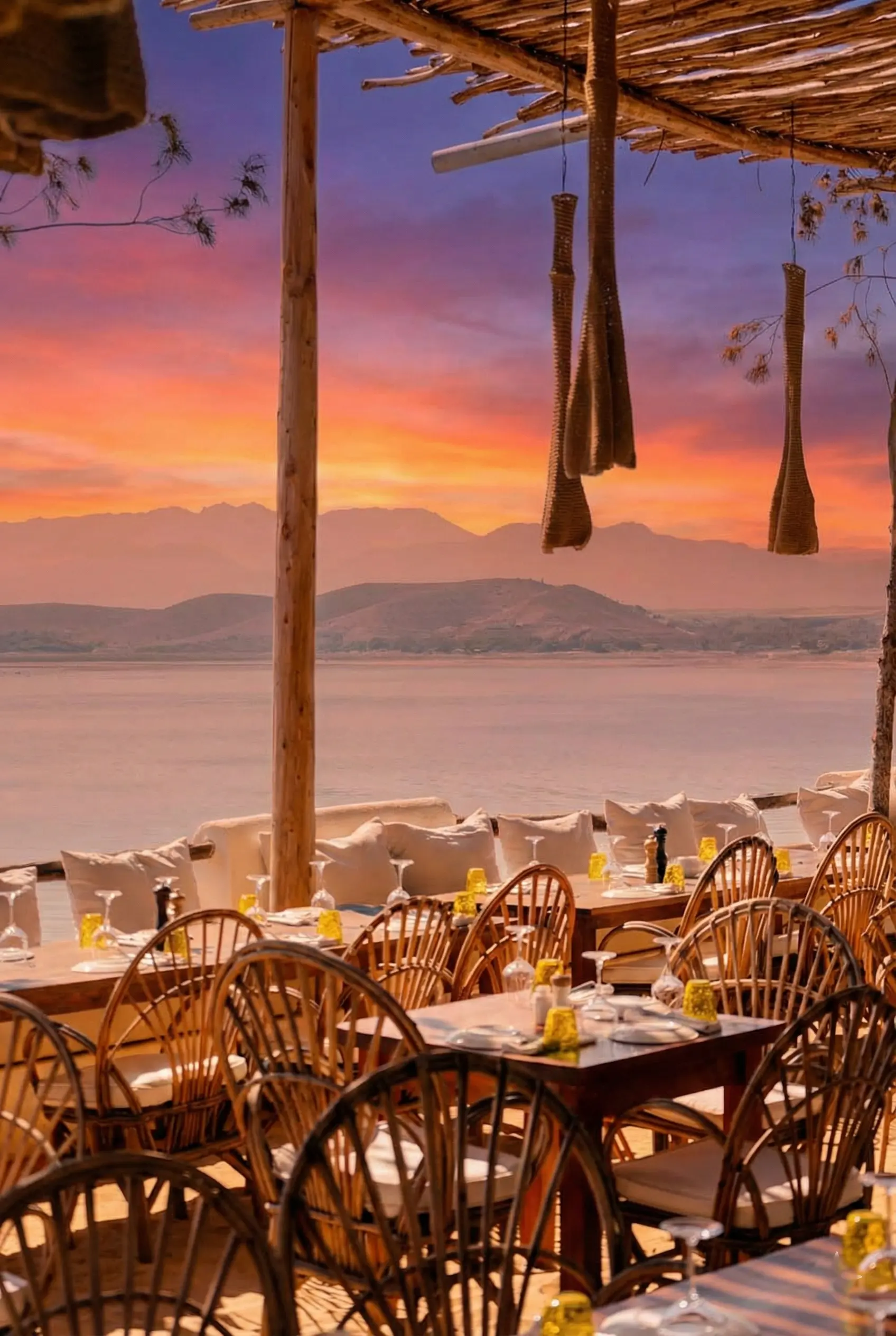 Expérience gastronomique marocaine authentique dans une oasis de restaurant chic de style Ibiza près du désert d'Agafay à Marrakech