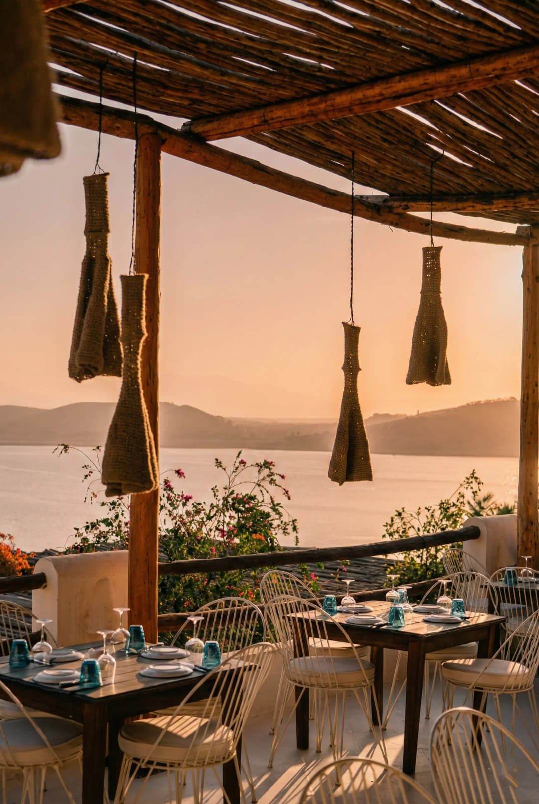 Mediterranean restaurant terrace overlooking Lalla Takerkoust lake at sunset