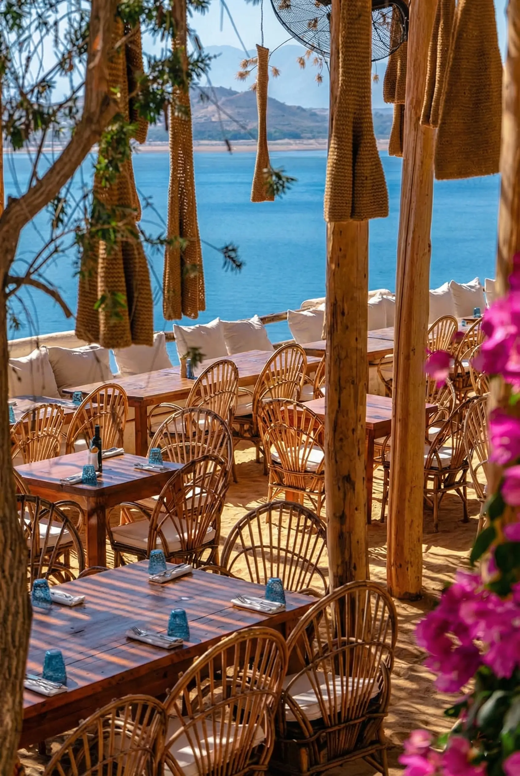 Gourmet Mediterranean seafood cuisine served at our luxury Mykonos-style restaurant near Lake Lalla Takerkoust in Marrakech