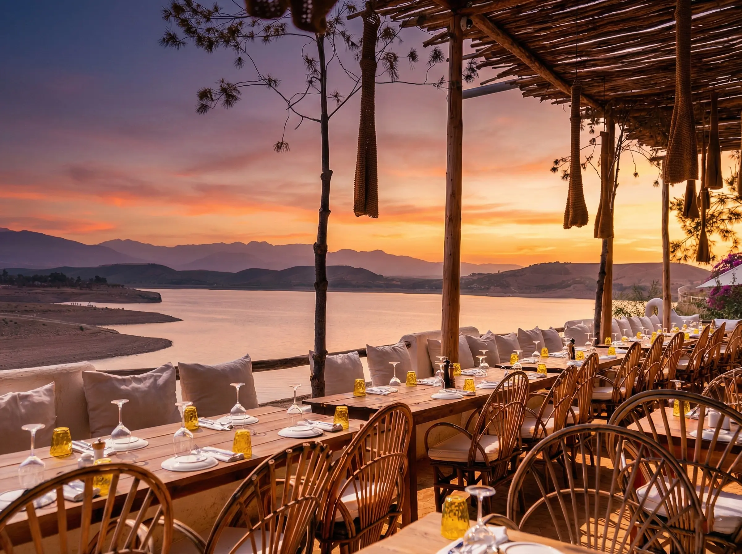 Premium cocktails at sunset on the Casa Lalla Takerkoust lounge bar terrace