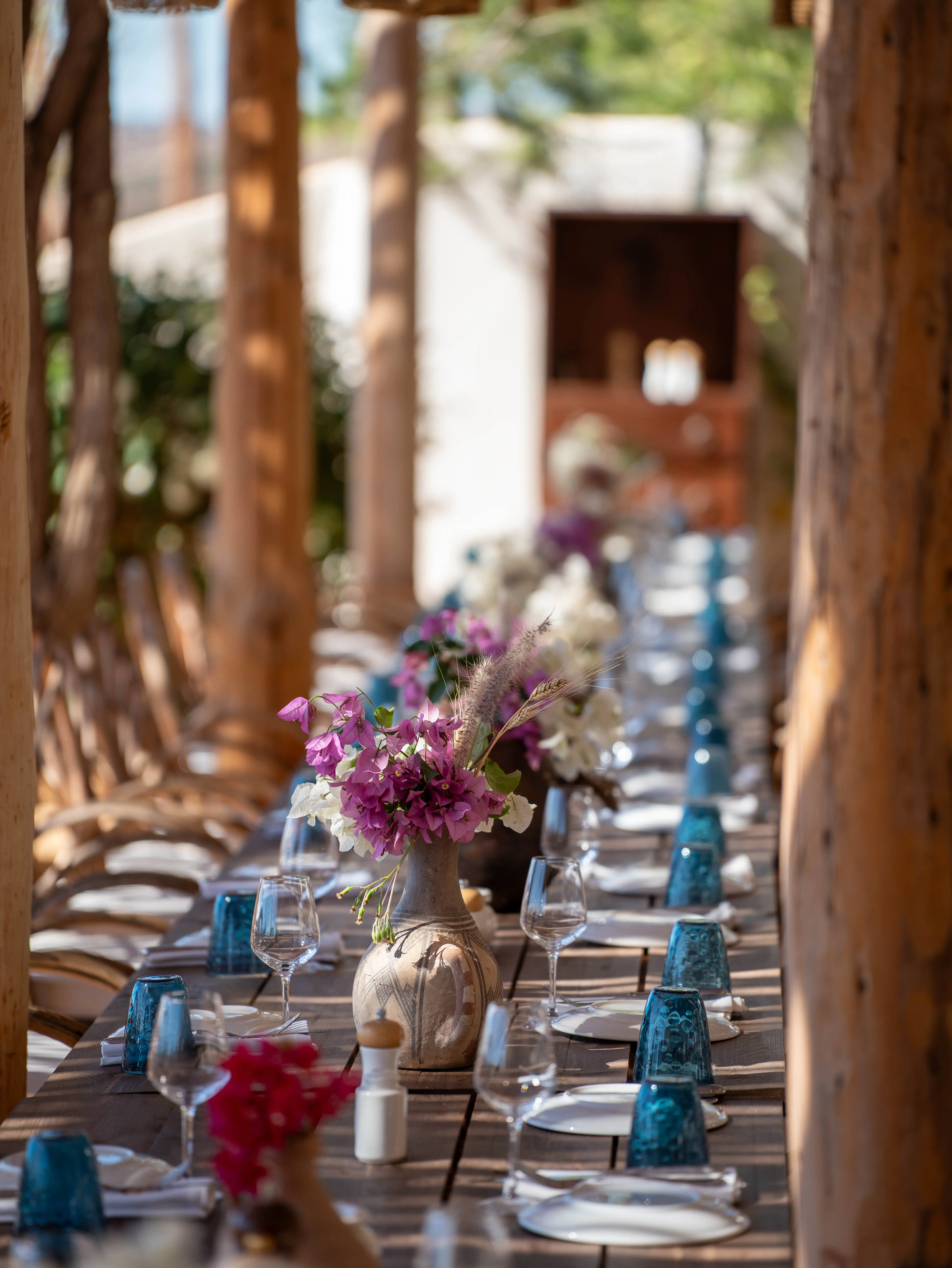 Sophisticated outdoor dining with authentic agafay vibes at our luxury desert camp