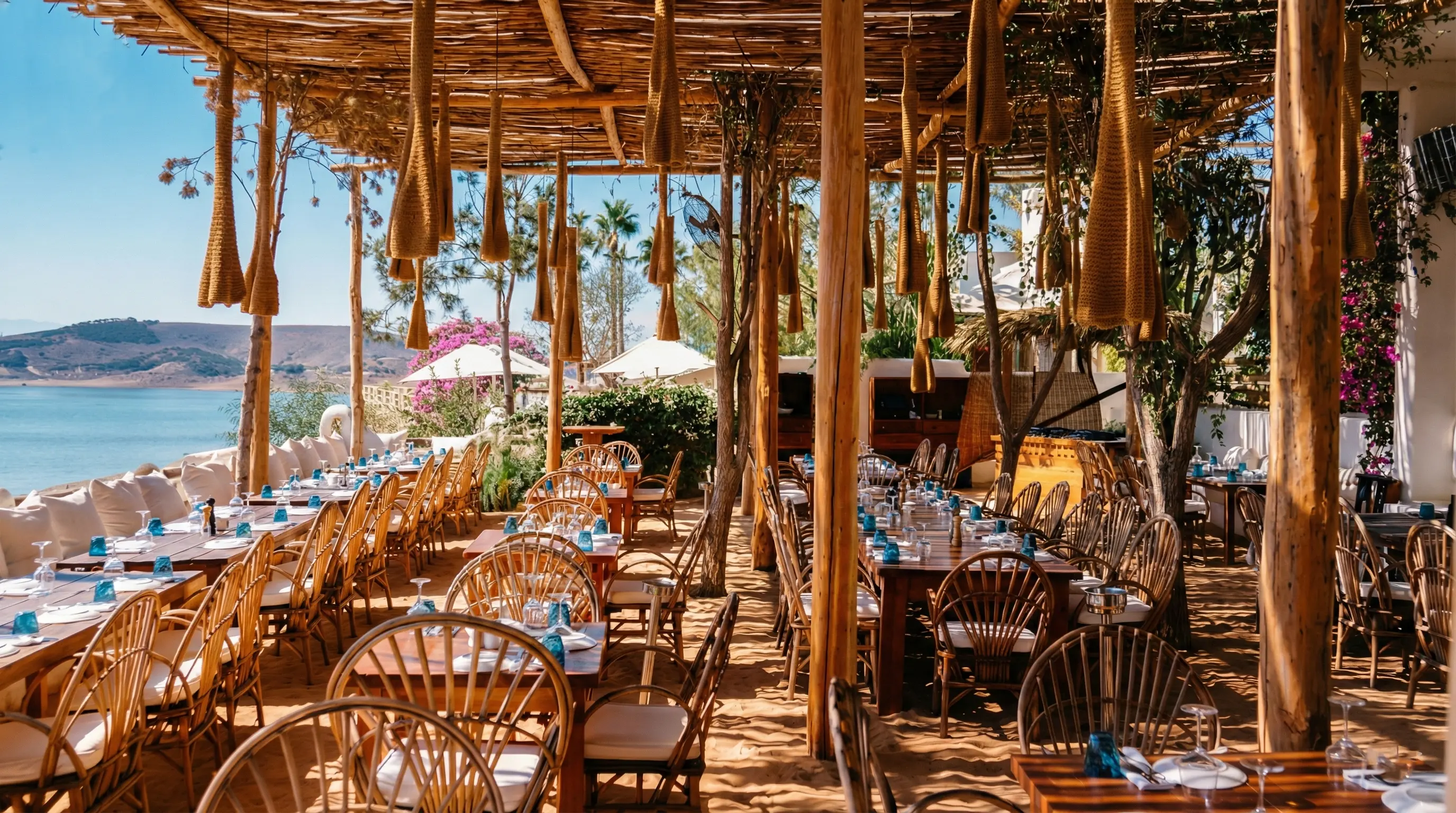 Elegant boho-chic wedding ceremony at Casa Lalla Takerkoust overlooking the water