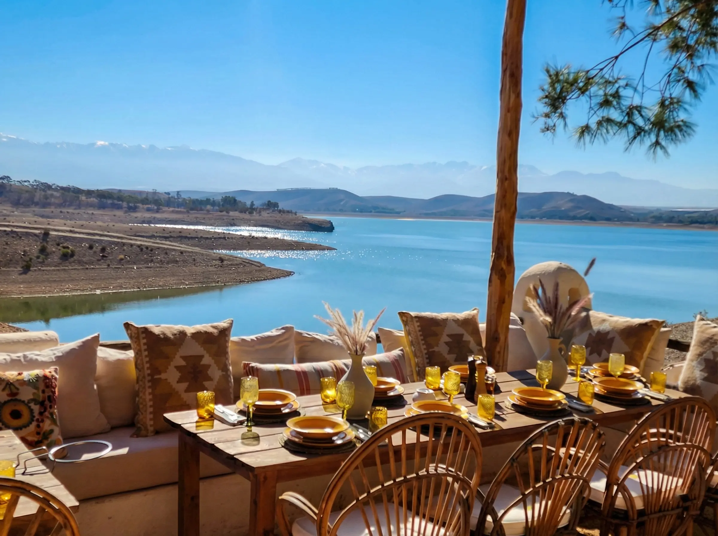 White-washed Mykonos-style architecture at the Casa Lalla lakeside retreat